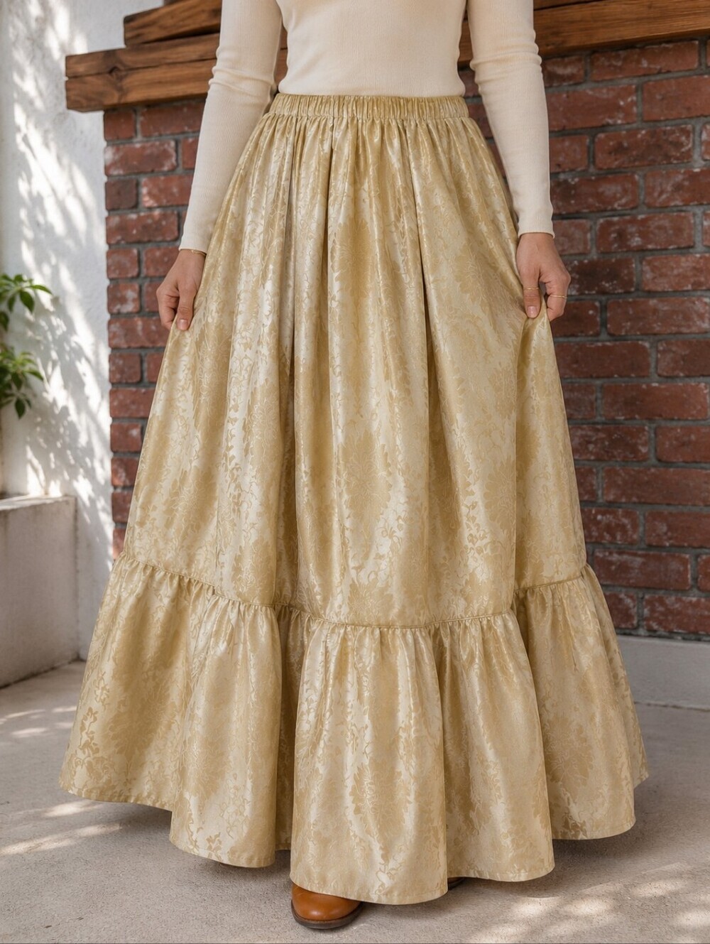 Handmade Vintage Gold Jacquard Maxi Skirt Elastic Waist Ruffle Hem Cottagecore